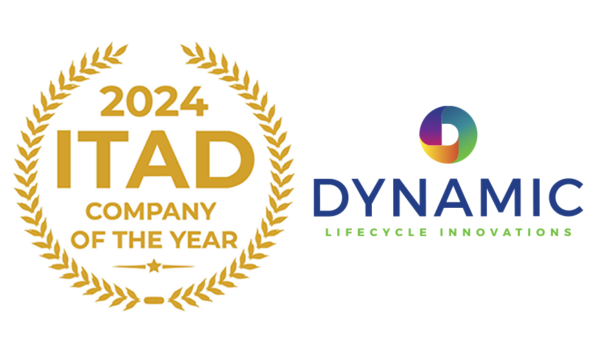A gold laurel wreath reading ITAD of the Year 2024 appears beside the Dynamic Lifecycle Innovations logo, highlighting its IT asset disposition services and industry leadership.