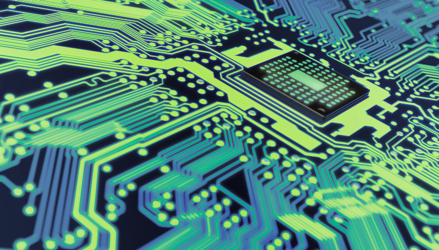 Dynamic Lifecycle Innovations provides in-house electronics recycling, shown by a glowing microchip on blue and green circuit board patterns.
