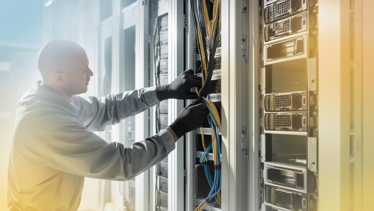 A technician in gloves connects cables in a server room, illustrating Dynamic Lifecycle Innovations’ data center decommissioning services.