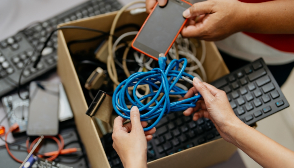 People putting old electronics into a cardboard box to simplify the recycling process.