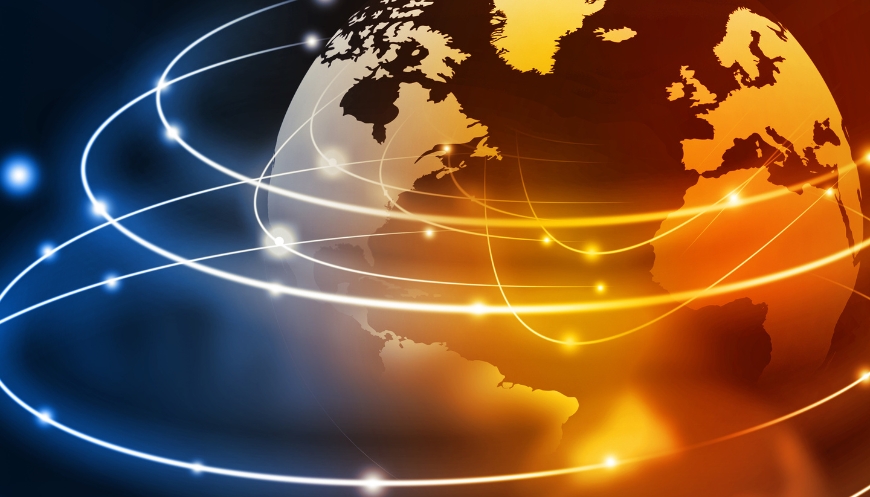 Digital illustration of a glowing world map with connected data points and light trails, representing global IT asset disposition and international tech compliance.