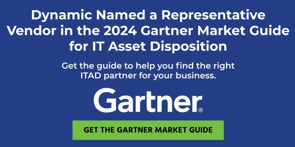 Dynamic Lifecycle Innovations is recognized as a 2024 Gartner Market Guide IT asset disposition vendor, with a button to get the guide.