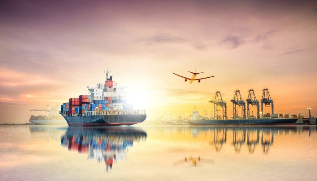 A container ship and airplane highlight Dynamic Lifecycle Innovations’ global logistics and recycling services in a busy port setting.